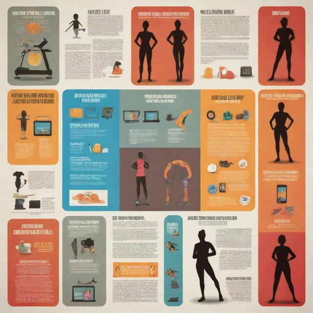 Create an informative poster contrasting the good and bad effects of media and technology on individual fitness. Use engaging visuals like smart devices, television, human silhouettes exercising, happy and lethargic expressions, healthy and junk food.