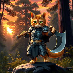 An orange tabby cat with bright green eyes and a light orange belly, clad in a detailed, shiny armor suit, confidently wielding an ax as it strides through a lush forest