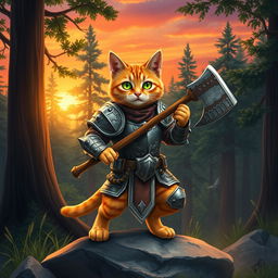 An orange tabby cat with bright green eyes and a light orange belly, clad in a detailed, shiny armor suit, confidently wielding an ax as it strides through a lush forest