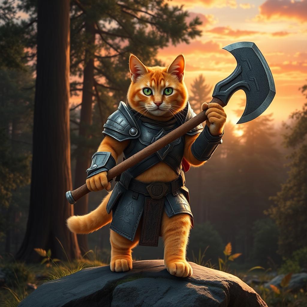 An orange tabby cat with bright green eyes and a light orange belly, clad in a detailed, shiny armor suit, confidently wielding an ax as it strides through a lush forest