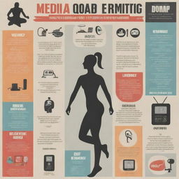 Create an informative poster contrasting the good and bad effects of media and technology on individual fitness. Use engaging visuals like smart devices, television, human silhouettes exercising, happy and lethargic expressions, healthy and junk food.