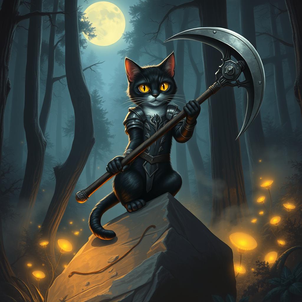 A black cat with striking yellow eyes and a white belly, adorned in a metallic armor suit, confidently wielding a scythe