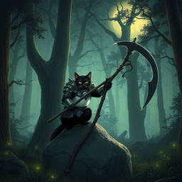 A black cat with striking yellow eyes and a white belly, adorned in a metallic armor suit, confidently wielding a scythe