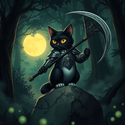 A black cat with striking yellow eyes and a white belly, adorned in a metallic armor suit, confidently wielding a scythe