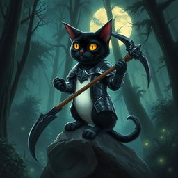 A black cat with striking yellow eyes and a white belly, adorned in a metallic armor suit, confidently wielding a scythe