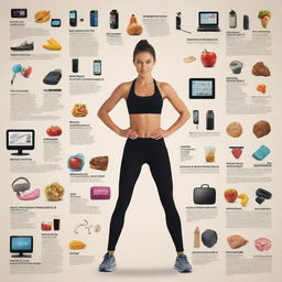 Create an informative poster contrasting the good and bad effects of media and technology on individual fitness. Use engaging visuals like smart devices, television, human silhouettes exercising, happy and lethargic expressions, healthy and junk food.