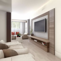 A 3D view from the west of a 12x20 feet living room, with a stylish TV unit on the north wall, and cozy couches on the east and south walls. The complete room design showcases efficient space use and a contemporary touch.