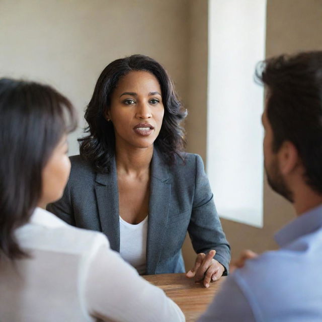 A confident woman engaged in a passionate discussion inside a room