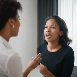 A confident woman engaged in a passionate discussion inside a room