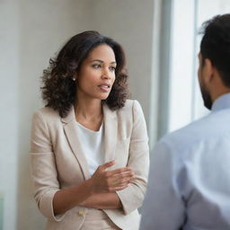 A confident woman engaged in a passionate discussion inside a room