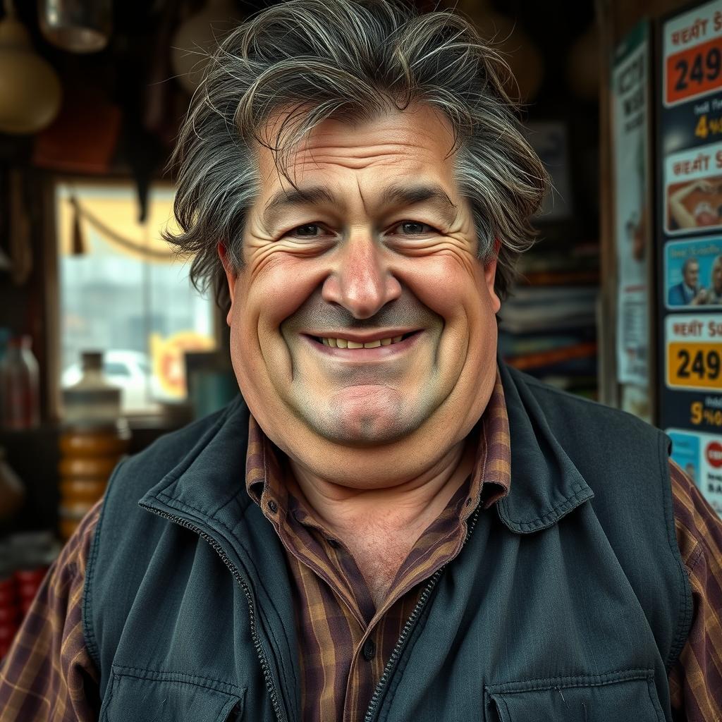 A greasy, overweight man in his forties with oily, thinning hair and a sleazy grin, wearing a dirty vest