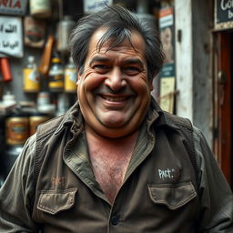 A greasy, overweight man in his forties with oily, thinning hair and a sleazy grin, wearing a dirty vest