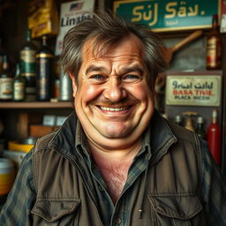 A greasy, overweight man in his forties with oily, thinning hair and a sleazy grin, wearing a dirty vest