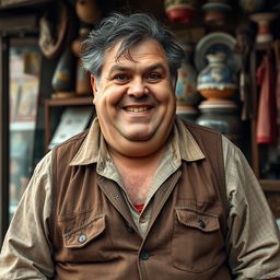 A greasy, overweight man in his forties with oily, thinning hair and a sleazy grin, wearing a dirty vest