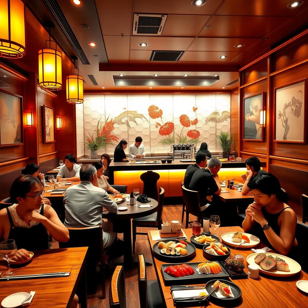 An elegant sushi restaurant interior showcasing a vibrant dining area with beautiful wooden decor, warm ambient lighting, and stylish Japanese art on the walls