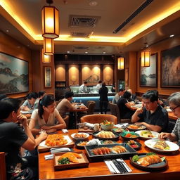 An elegant sushi restaurant interior showcasing a vibrant dining area with beautiful wooden decor, warm ambient lighting, and stylish Japanese art on the walls