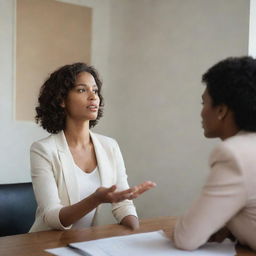 A confident woman engaged in a passionate discussion inside a room