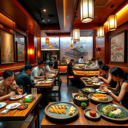 An elegant sushi restaurant interior showcasing a vibrant dining area with beautiful wooden decor, warm ambient lighting, and stylish Japanese art on the walls