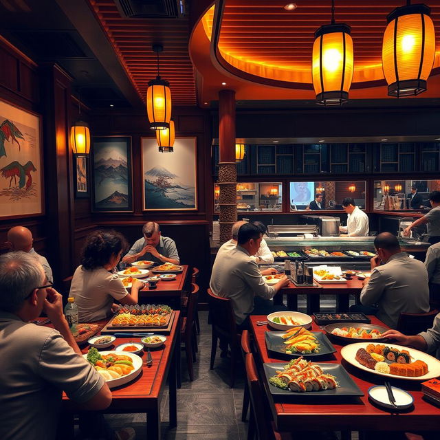 An elegant sushi restaurant interior showcasing a vibrant dining area with beautiful wooden decor, warm ambient lighting, and stylish Japanese art on the walls