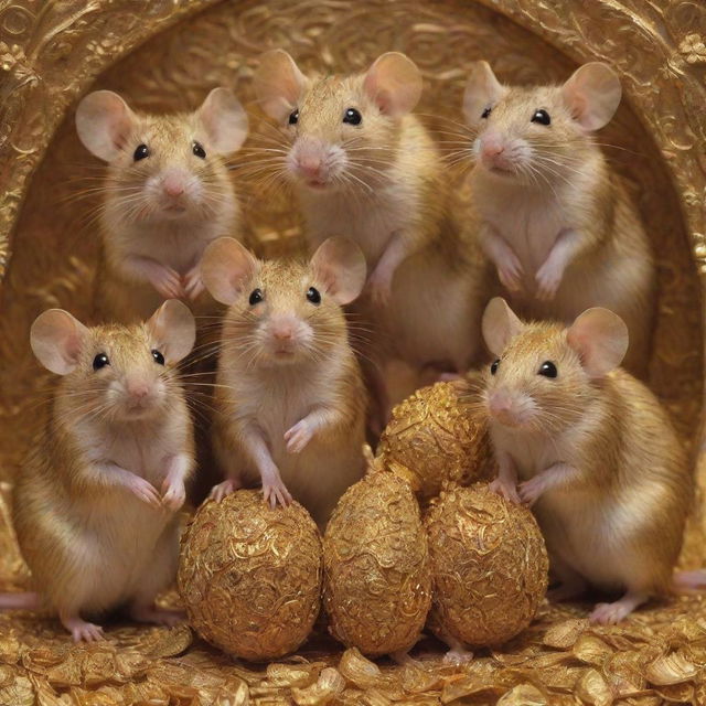 A group of intricate rats, charming and vivacious, surrounded by an excessive amount of gleaming gold, creating a compelling contrast.