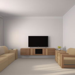 A 3D view from the west of a 12x20 feet living room, with a stylish TV unit on the north wall, and cozy couches on the east and south walls. The complete room design showcases efficient space use and a contemporary touch.