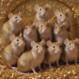 A group of intricate rats, charming and vivacious, surrounded by an excessive amount of gleaming gold, creating a compelling contrast.