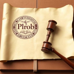 A large, unrolled parchment scroll slightly curled at the edges, featuring a legal seal stamped on it, with a judge’s gavel resting on one corner