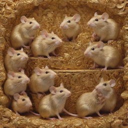 A group of intricate rats, charming and vivacious, surrounded by an excessive amount of gleaming gold, creating a compelling contrast.