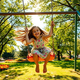 A hyper-realistic image of a girl swinging joyfully on a swing set in a vibrant park