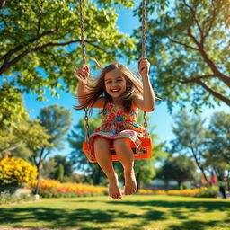 A hyper-realistic image of a girl swinging joyfully on a swing set in a vibrant park