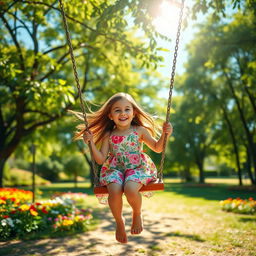 A hyper-realistic image of a girl swinging joyfully on a swing set in a vibrant park