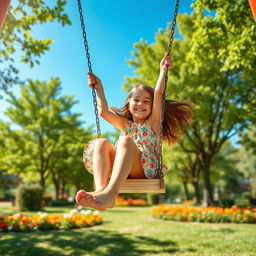 A hyper-realistic image of a girl swinging joyfully on a swing set in a vibrant park