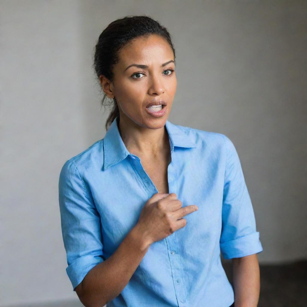 A confident woman wearing a blue shirt, passionately speaking inside a room