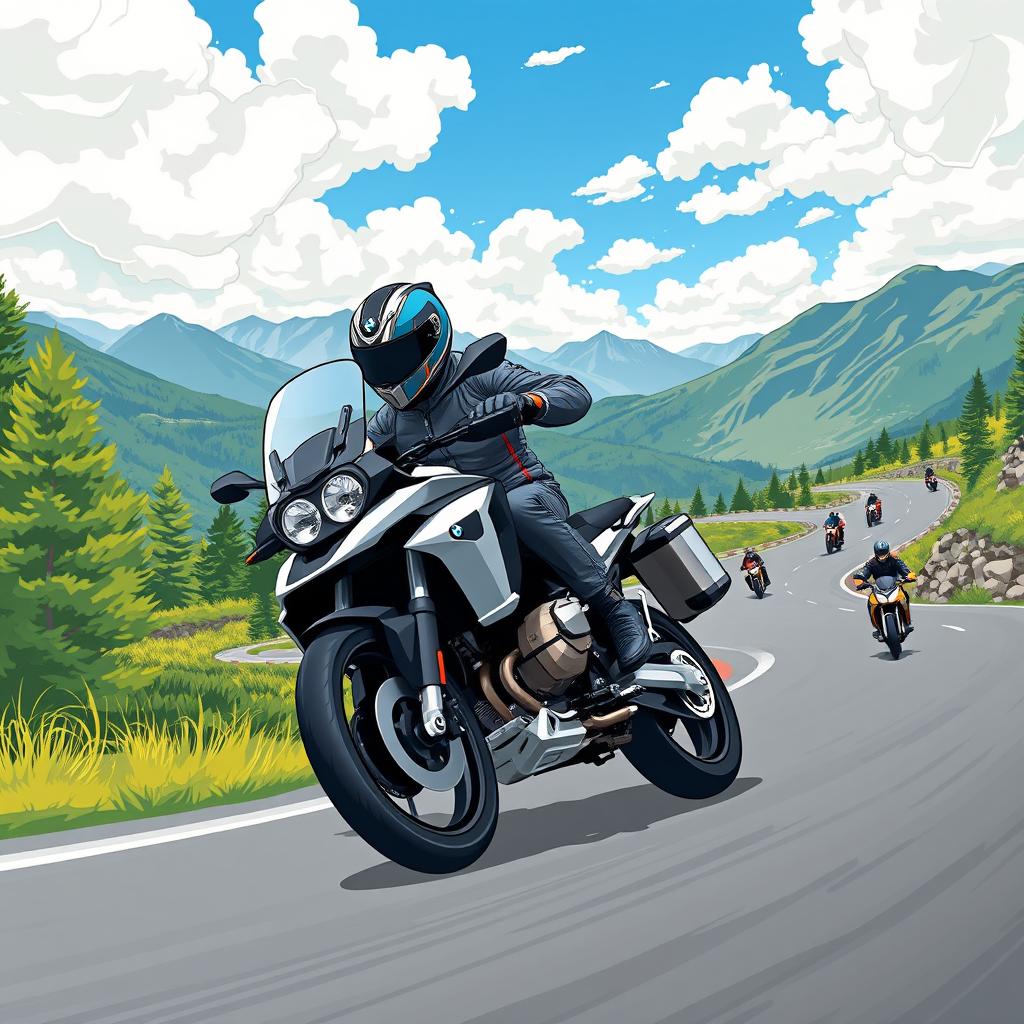 A dynamic and thrilling illustration of a motorcyclist expertly leaning into a sharp curve on a picturesque mountain road