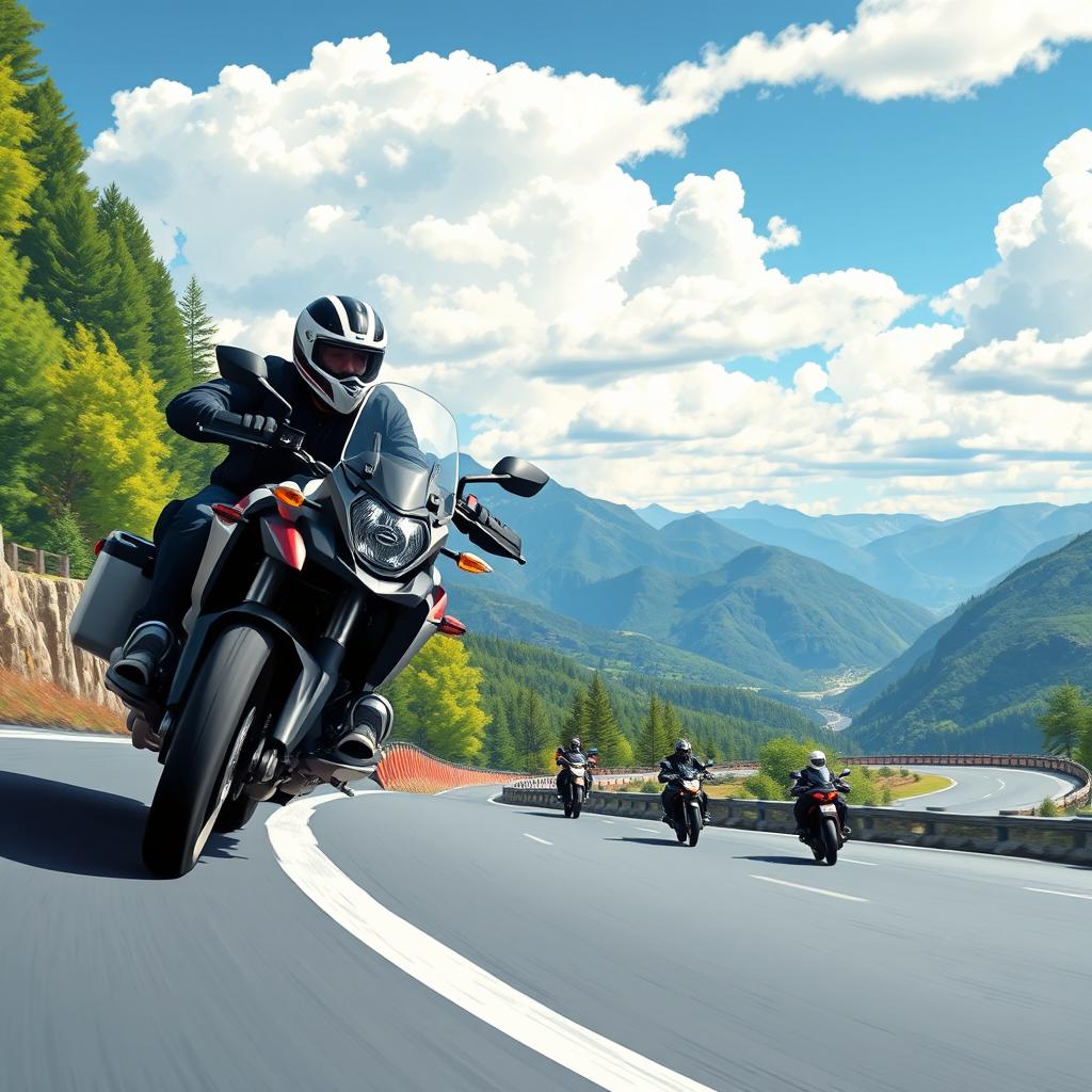 A dynamic and thrilling illustration of a motorcyclist expertly leaning into a sharp curve on a picturesque mountain road