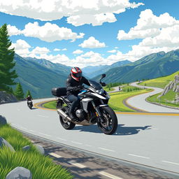 A dynamic and thrilling illustration of a motorcyclist expertly leaning into a sharp curve on a picturesque mountain road