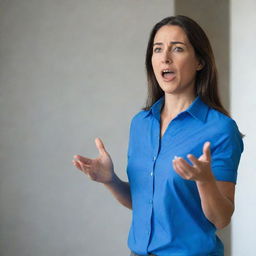 A confident woman wearing a blue shirt, passionately speaking inside a room