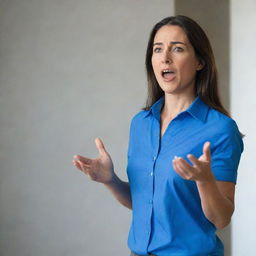 A confident woman wearing a blue shirt, passionately speaking inside a room