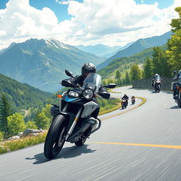 A dynamic and thrilling illustration of a motorcyclist expertly leaning into a sharp curve on a picturesque mountain road