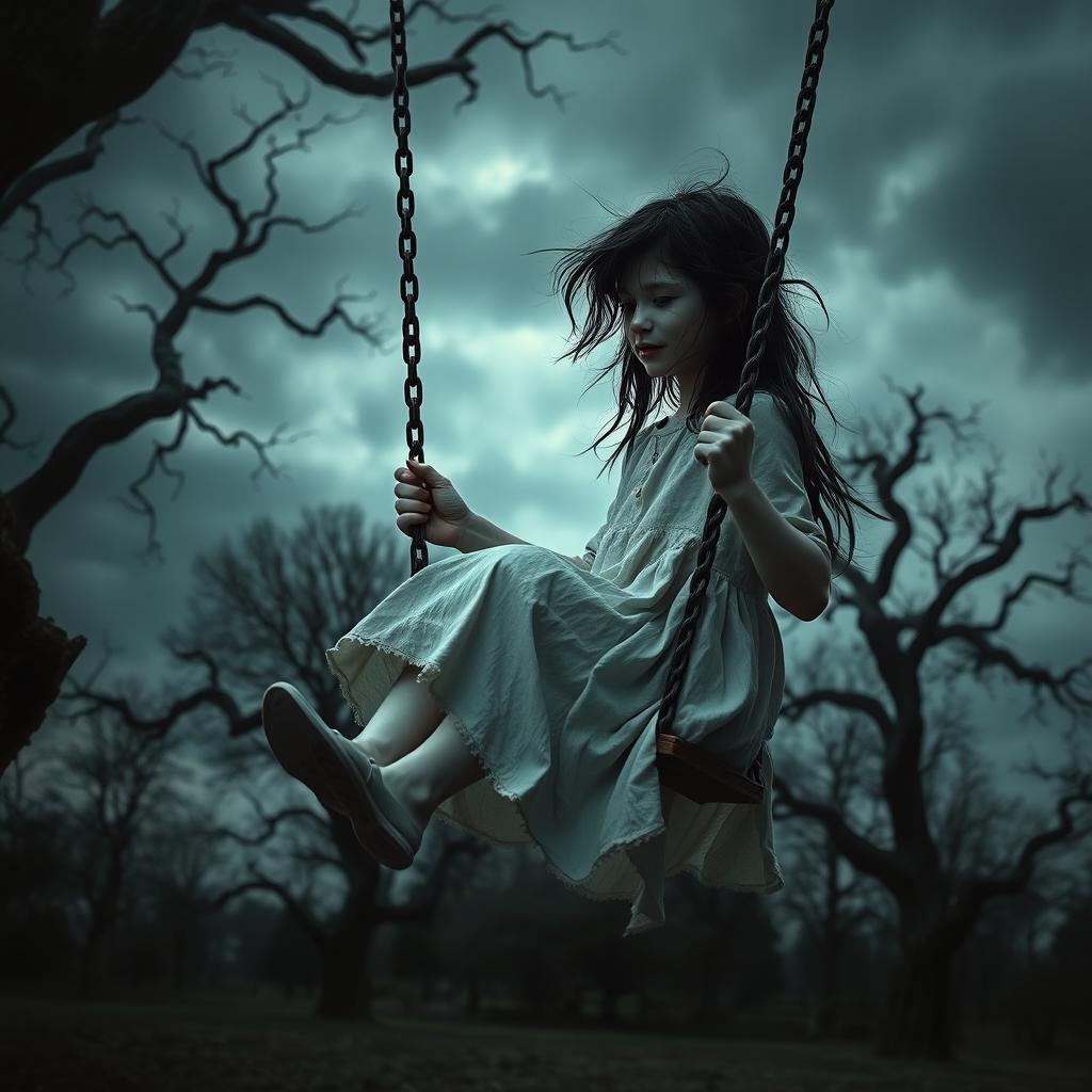 A hyper-realistic horror-themed image of a young girl swinging on a swing set in a dark, eerie park