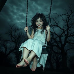 A hyper-realistic horror-themed image of a young girl swinging on a swing set in a dark, eerie park