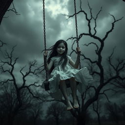 A hyper-realistic horror-themed image of a young girl swinging on a swing set in a dark, eerie park