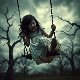 A hyper-realistic horror-themed image of a young girl swinging on a swing set in a dark, eerie park