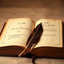 A vintage law book, open and inviting, with pages visible and a quill pen lying diagonally across the page