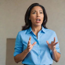 A confident woman wearing a blue shirt, passionately speaking inside a room