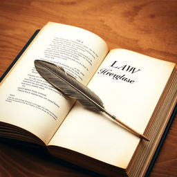 A vintage law book, open and inviting, with pages visible and a quill pen lying diagonally across the page