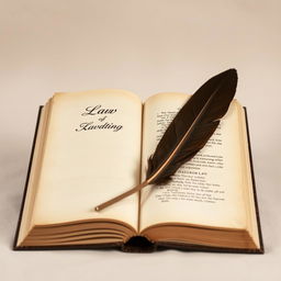 A vintage law book, open and inviting, with pages visible and a quill pen lying diagonally across the page