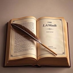 A vintage law book, open and inviting, with pages visible and a quill pen lying diagonally across the page