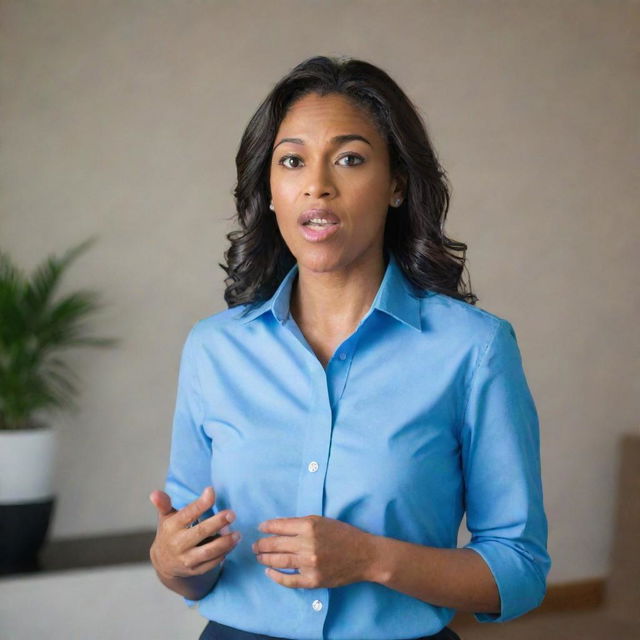 A confident woman wearing a blue shirt, passionately speaking inside a room