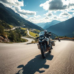 A captivating photo of a motorcyclist gracefully leaning into a sharp curve on a stunning mountain road